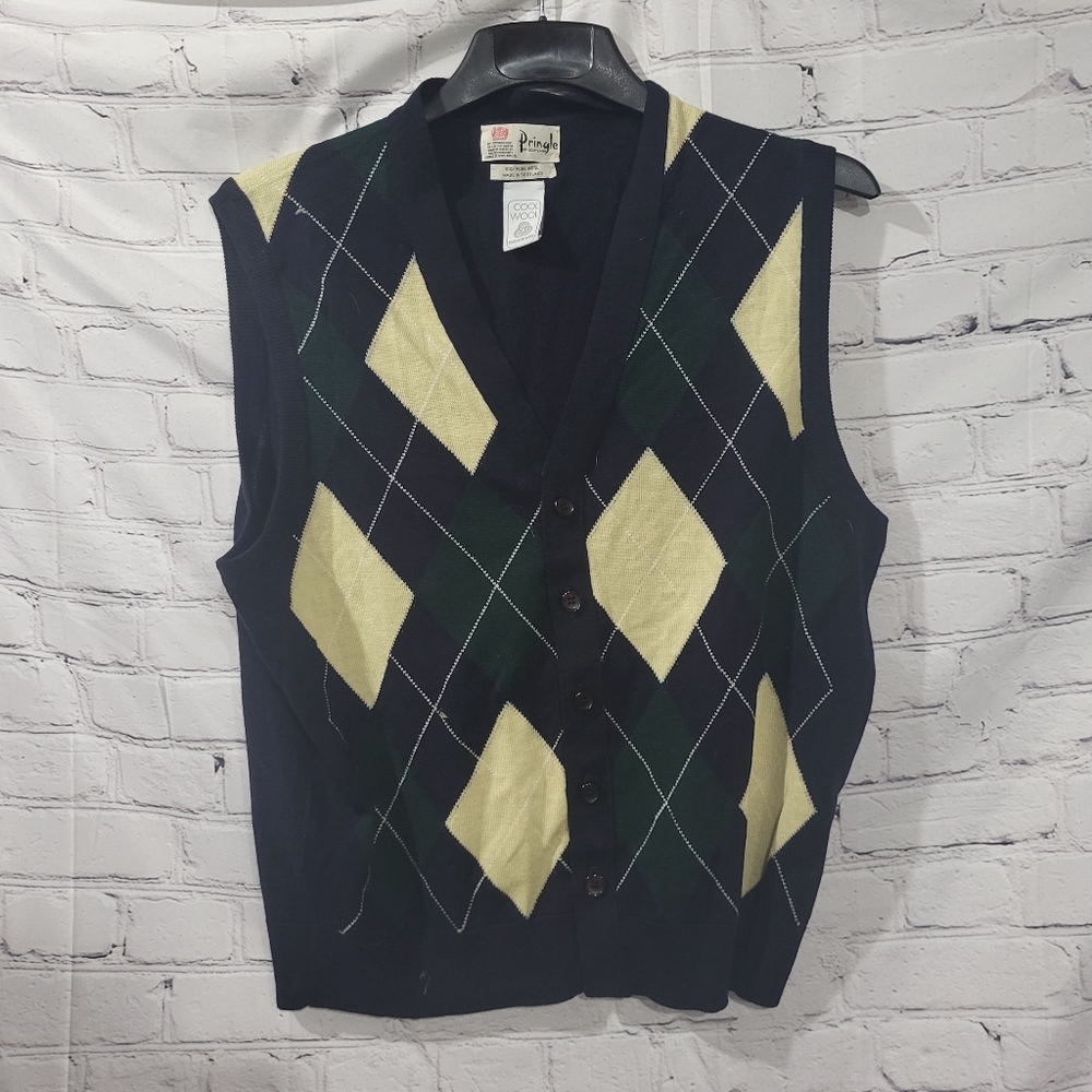 Pringle Of Scotland Cool Wool Argyle Sweater Vest in Black and Yellow